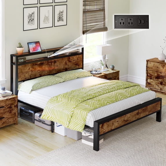 VanAcc Queen Size Metal Bed Frame with 2-Tier Storage Headboard and Charging Station, Rustic Brown