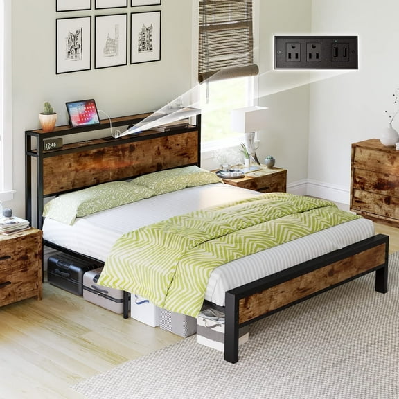 VanAcc Queen Size Metal Bed Frame with 2-Tier Storage Headboard and Charging Station, Rustic Brown