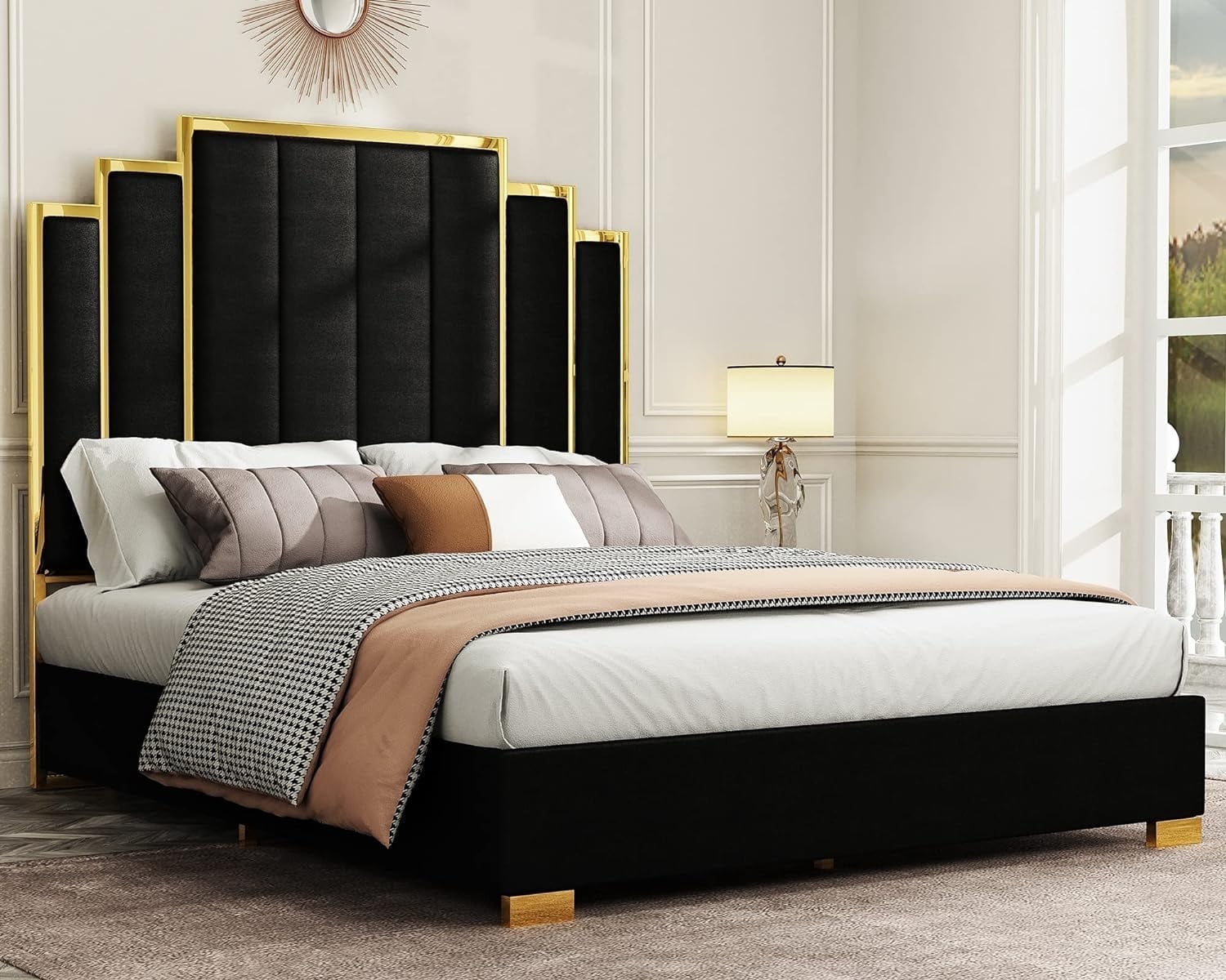 VanAcc Queen Size Platform Bed Frame, 61.4" Velvet Upholstered Bed: with Gold Trim Headboard/Wooden Slats/No Box Spring Needed/Black