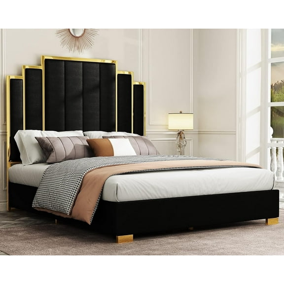 VanAcc Queen Size Platform Bed Frame, 61.4" Velvet Upholstered Bed: with Gold Trim Headboard/Wooden Slats/No Box Spring Needed/Black