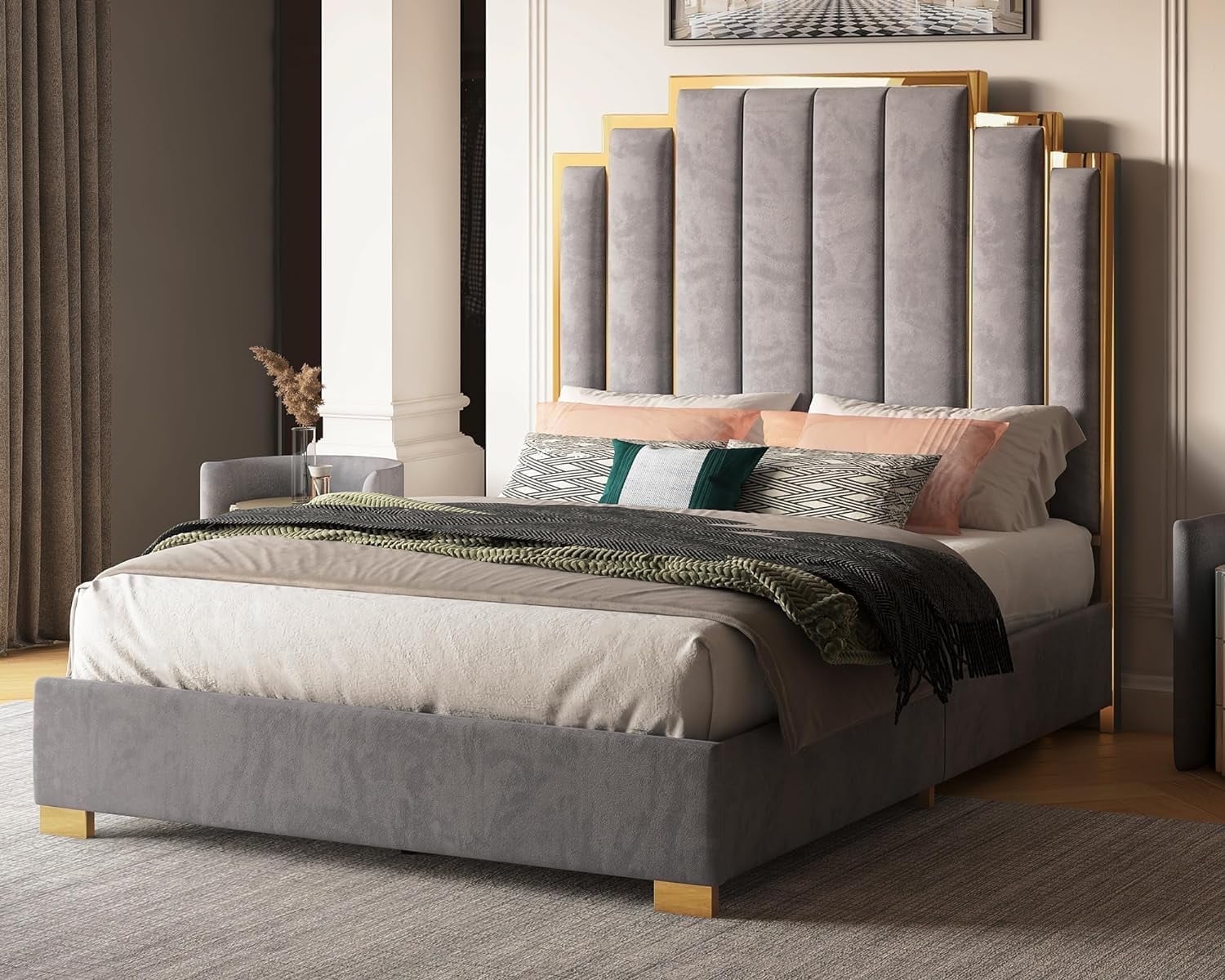 VanAcc Queen Size Platform Bed Frame, 61.4" Velvet Upholstered Bed: with Gold Trim Headboard/Wooden Slats/No Box Spring Needed/Grey