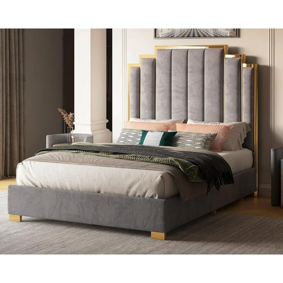 VanAcc Queen Size Platform Bed Frame, 61.4" Velvet Upholstered Bed: with Gold Trim Headboard/Wooden Slats/No Box Spring Needed/Grey