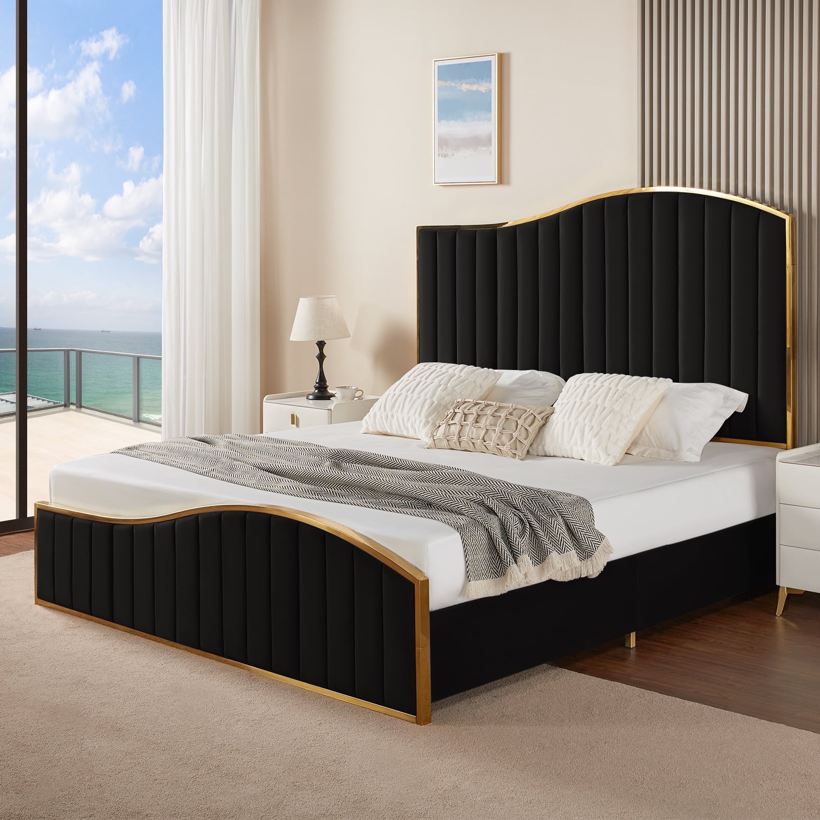 VanAcc Queen Size Platform Bed Frame 61.4" Vertical Channel Gold Trim Headboard Footboard Black