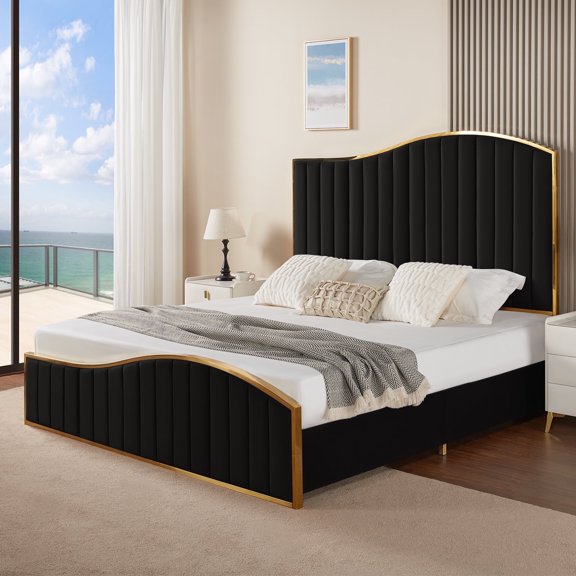 VanAcc Queen Size Platform Bed Frame 61.4" Vertical Channel Gold Trim Headboard Footboard Black
