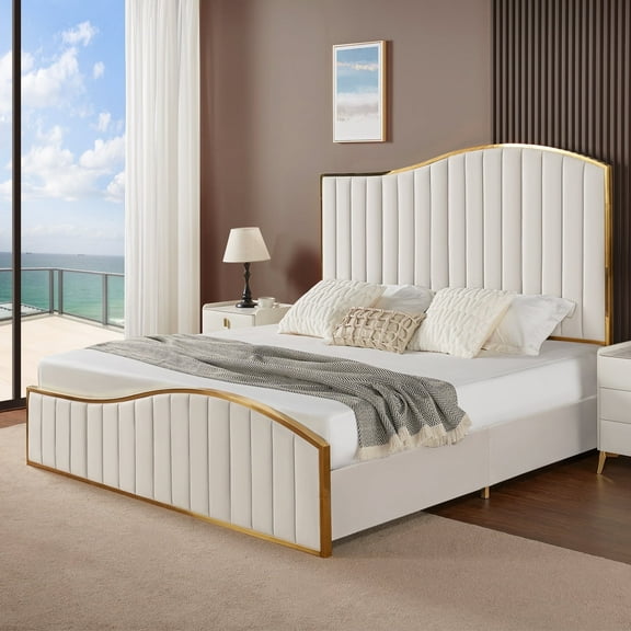 VanAcc Queen Size Platform Bed Frame 61.4" Vertical Channel Gold Trim with Headboard & Footboard Cream