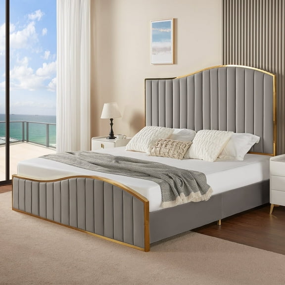 VanAcc Queen Size Platform Bed Frame 61.4" Vertical Channel Gold Trim Headboard ï¼ Footboard Grey