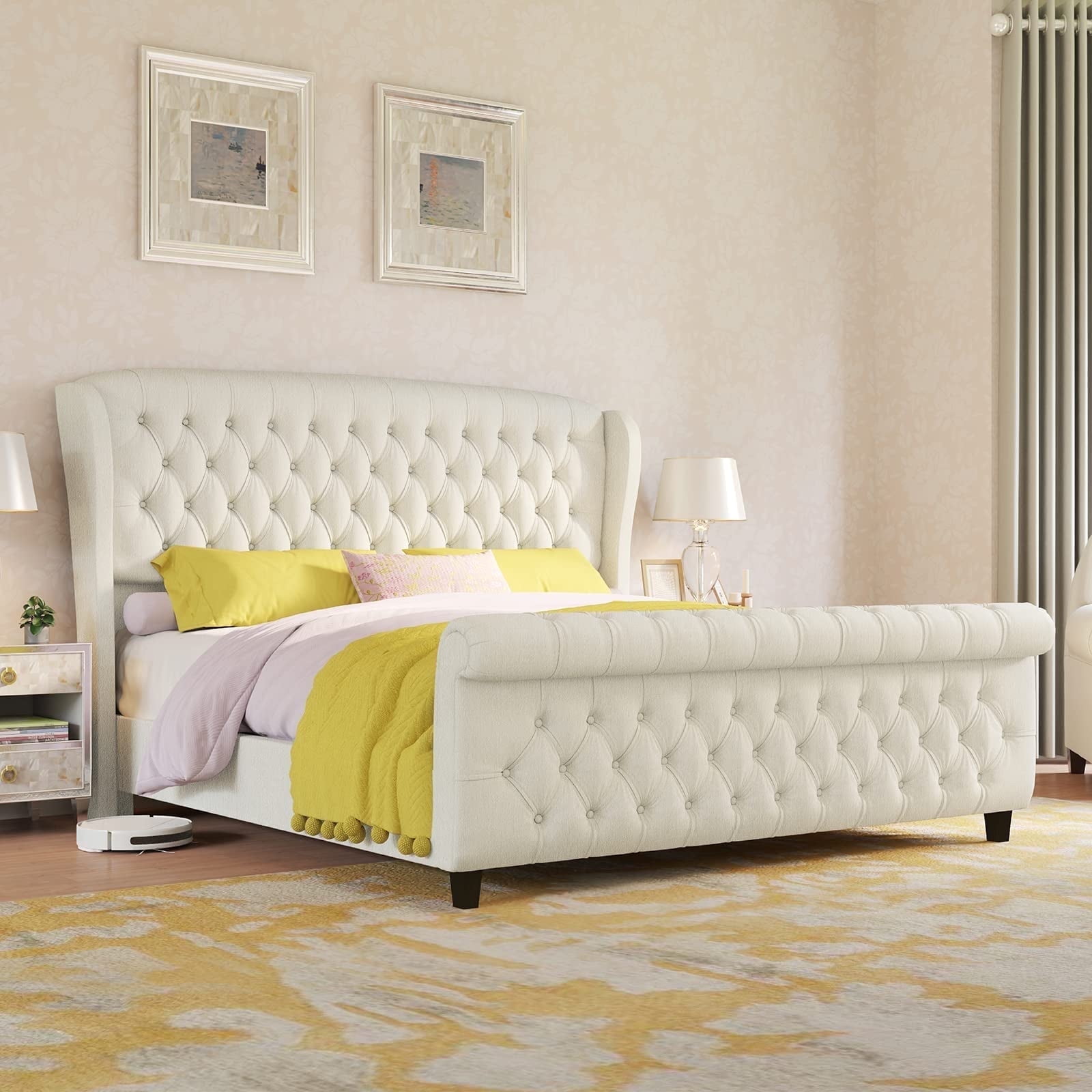 VanAcc Queen Size Platform Bed Frame, Chenille Upholstered Sleigh Bed Frame, Cream