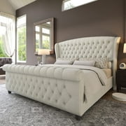 VanAcc Queen Size Frame, Chenille Upholstered Sleigh Bed Frame with Scroll Wingback Headboard & Footboard/Button Tufted/No Box Spring Required/Cream