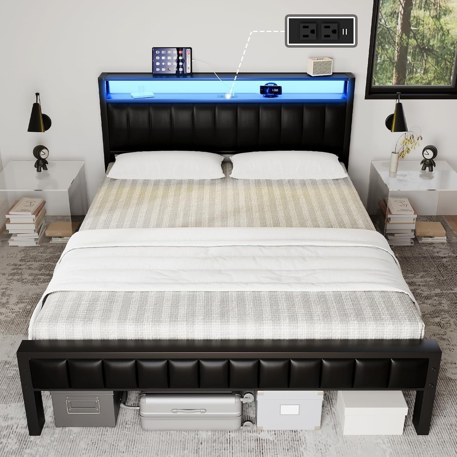Black Queen Upholstered Bed Frame with LED and Storage
