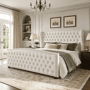VanAcc Queen Size Platform Bed Frame, Velvet Upholstered Bed with Deep Button Tufted & Nailhead Trim Wingback Headboard/No Box Spring Needed/Cream