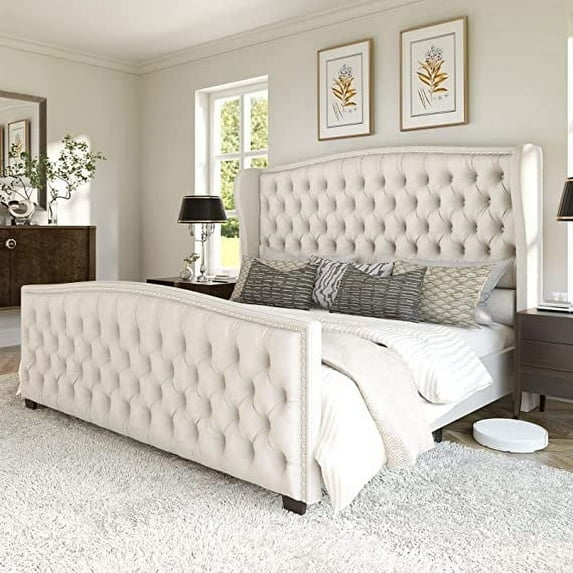 VanAcc Queen Size Platform Bed Frame, Velvet Upholstered Bed with Deep Button Tufted & Nailhead Trim Wingback Headboard/No Box Spring Needed/Cream