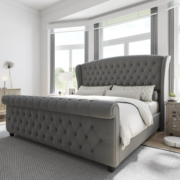 VanAcc Queen Size Platform Bed Frame, Velvet Upholstered Sleigh Bed with Scroll Wingback Headboard & Footboard/Button Tufted/Grey
