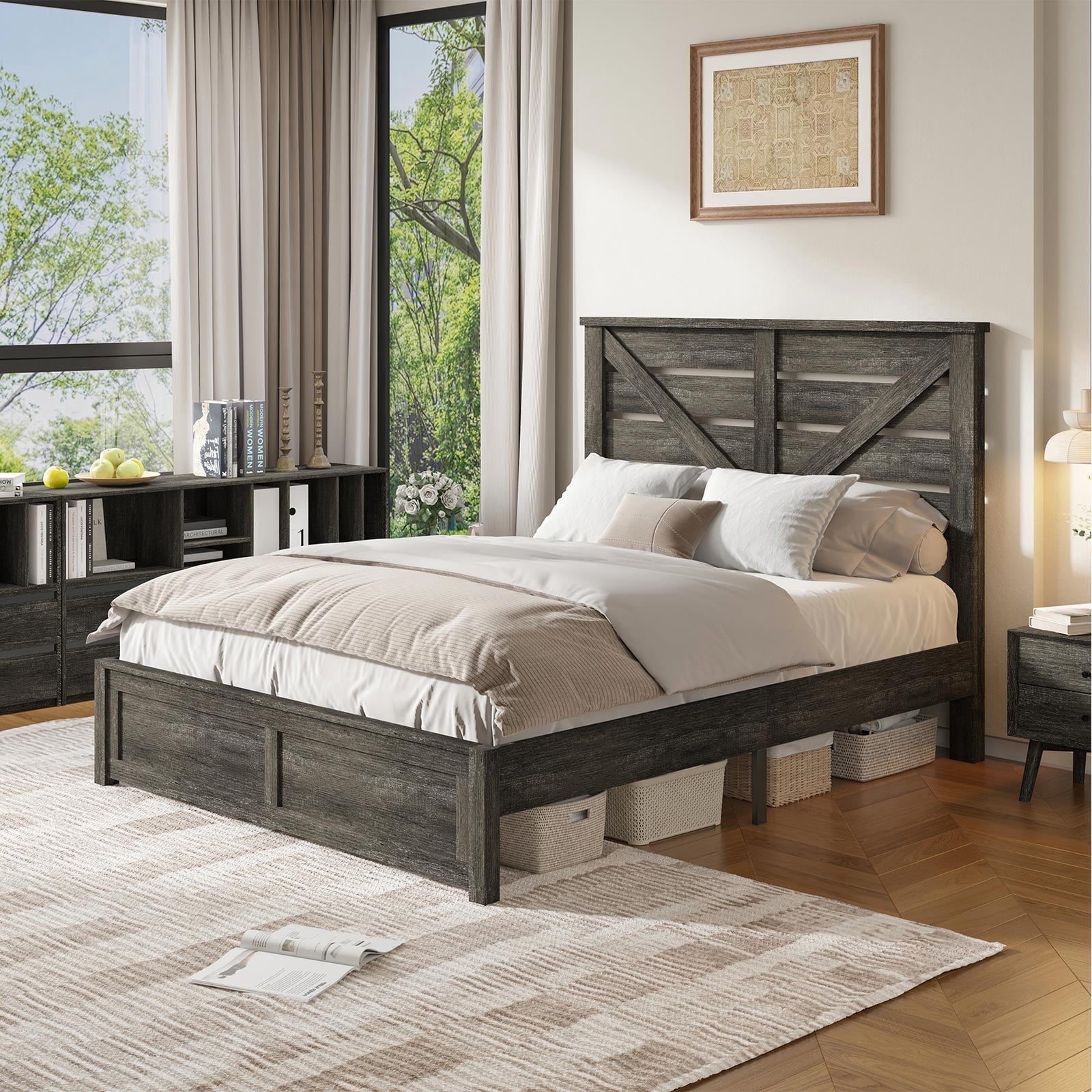 VanAcc Queen Size Platform Bed Frame with Wood Grain Headboard, Farmhouse Bed Frame with Storage/No Box Spring Needed/Noisy Free/Easy Assembly/Grey