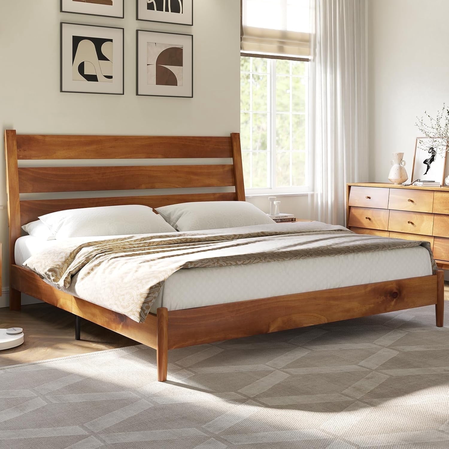 VanAcc Queen Size Solid Wood Bed Frame, Platform Beds with 45"H Headboard, Easy Assembly, Caramel