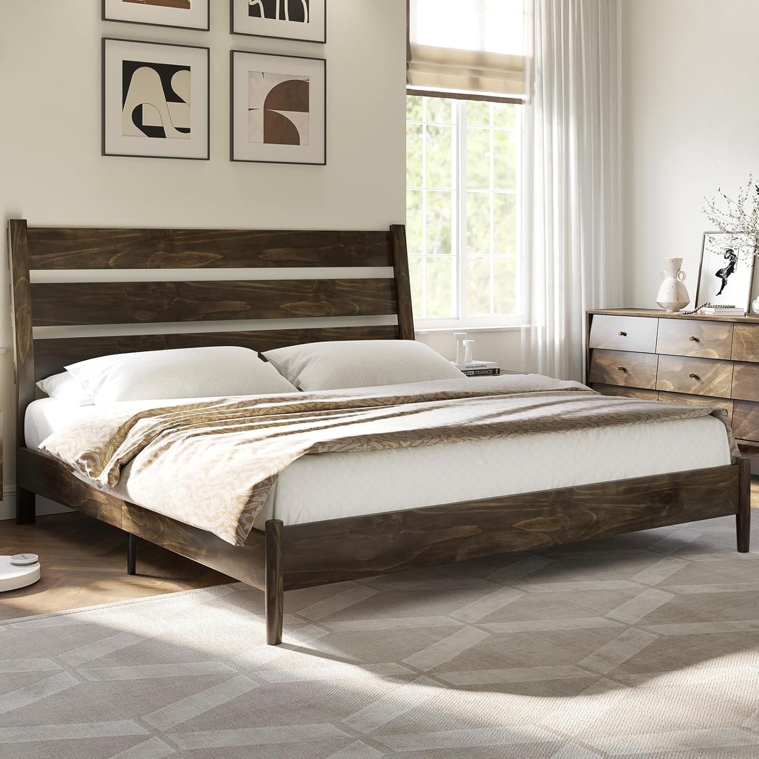 VanAcc Queen Size Solid Wood Bed Frame, Platform Beds with 45"H Headboard, Easy Assembly, Deep Brown