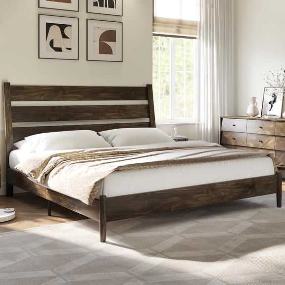VanAcc Queen Size Solid Wood Bed Frame, Platform Beds with 45"H Headboard, Easy Assembly, Deep Brown