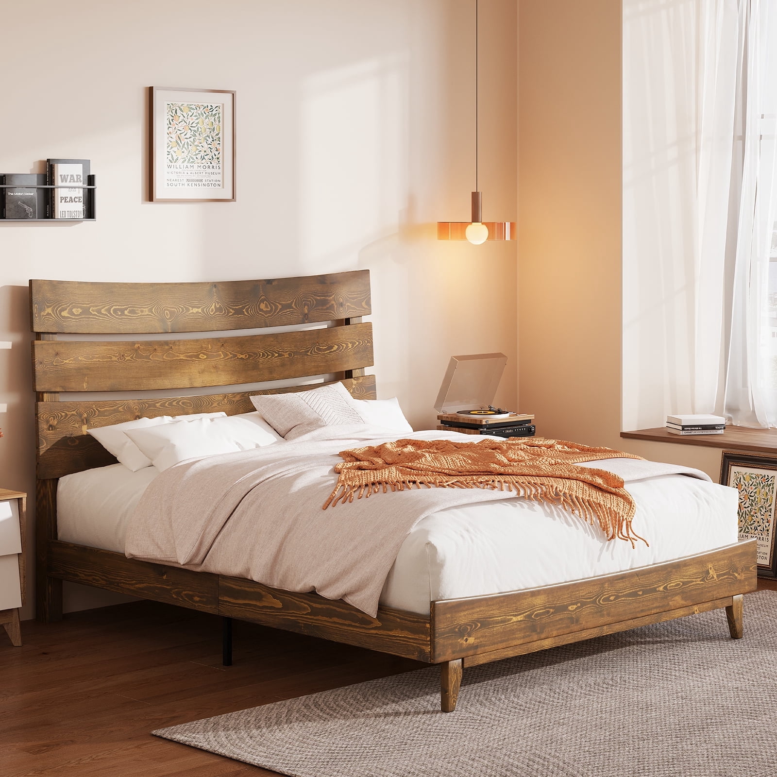 VanAcc Queen Size Solid Wood Bed Frame Platform with Wooden Headboard, Caramel