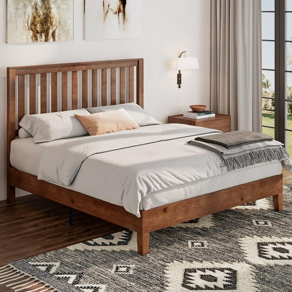 VanAcc Queen Size Bed Frame, Solid Wood Platform with Wooden Headboard for Bedroom, Walnut