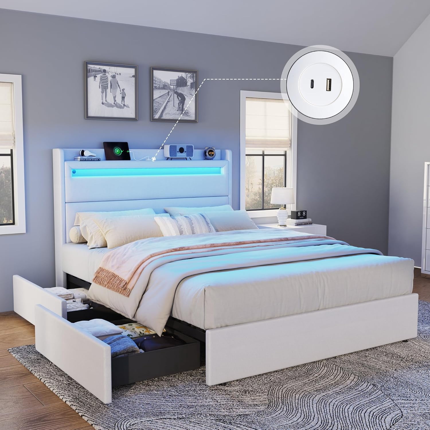 VanAcc Queen Size Upholstered Bed Frame with LED Storage Headboard, 4 Foldable Storage Drawers & Charging Station, White