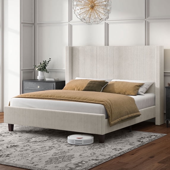VanAcc Queen Size Upholstered Platform Bed Frame, Wingback Bed with 50.8" Headboard, Corduroy