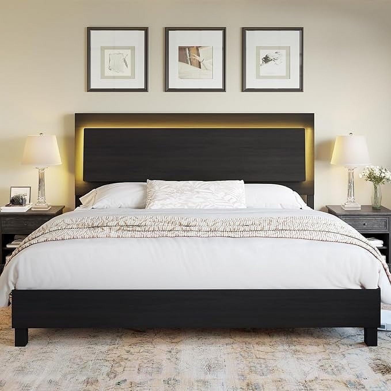 VanAcc Queen Size Wood Bed Frame with RGBW LED Light, Mid-Century Platform Bed with Floating Headboard and Solid Wood Legs, Easy Assembly, Black