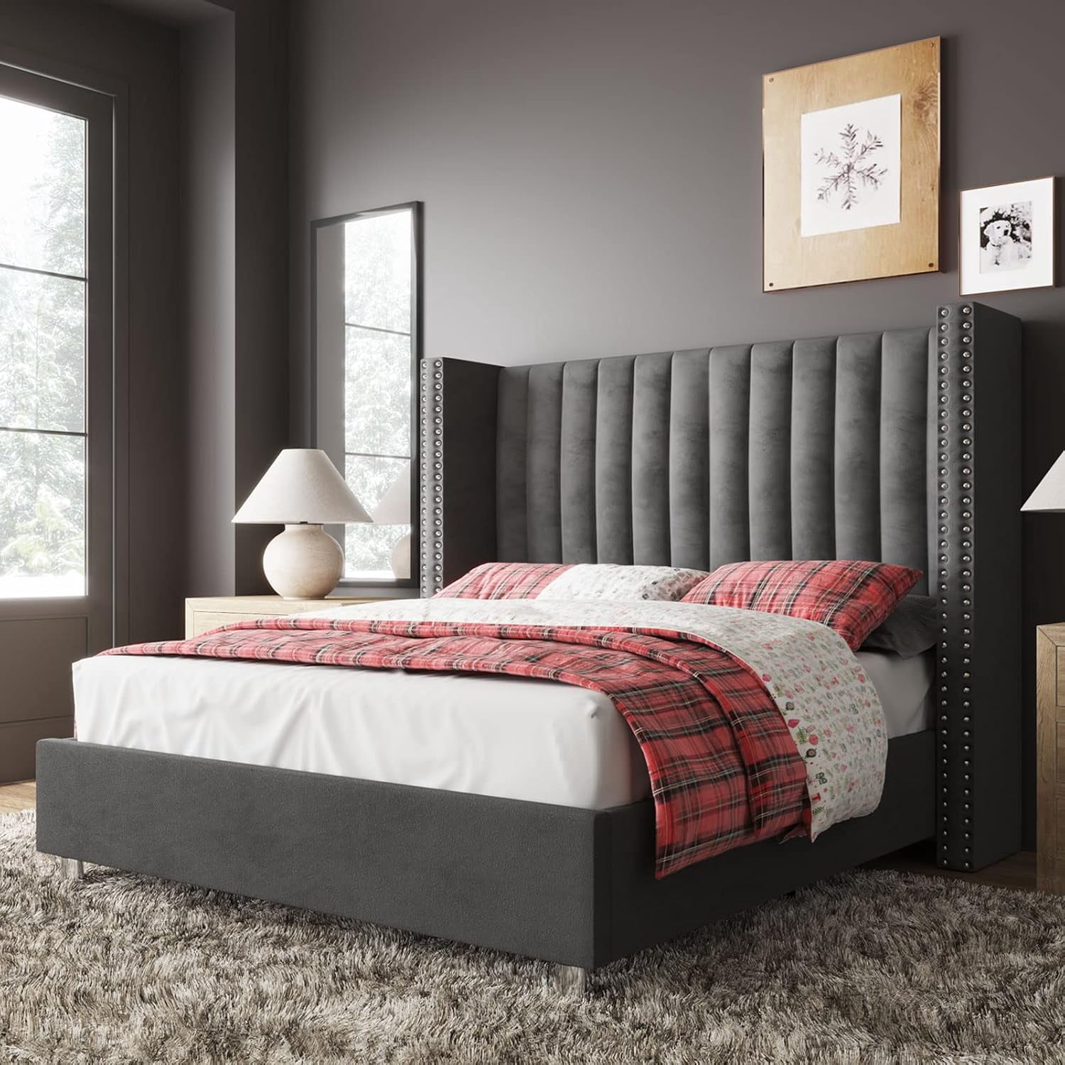 VanAcc Queen Velvet Tufted Upholstered Platform Bed Frame with Headboard , No Box Spring Needed, Grey