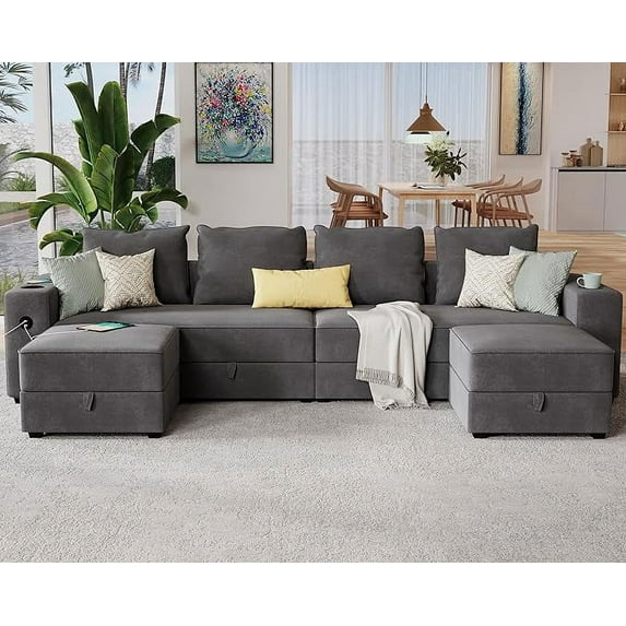 VanAcc Sectional Sofa, 114" Modular Sectional Sofa with USB Ports & Cup Holder, 6 Seats U Shaped Couch with Storage, 4 Pieces Set Sectional Couch Gray