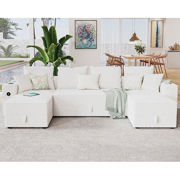 VanAcc Sectional Sofa, 114" Modular Sectional Sofa with USB Ports & Cup Holders, 6 Seats U Shaped Couch with Storage, 5 Pieces Set White Bouclé