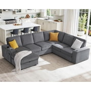 VanAcc 112 Sectional Sofa with USB Ports & Cup Holder, U Shaped Sofa Couch with Storage, Corduroy Gray