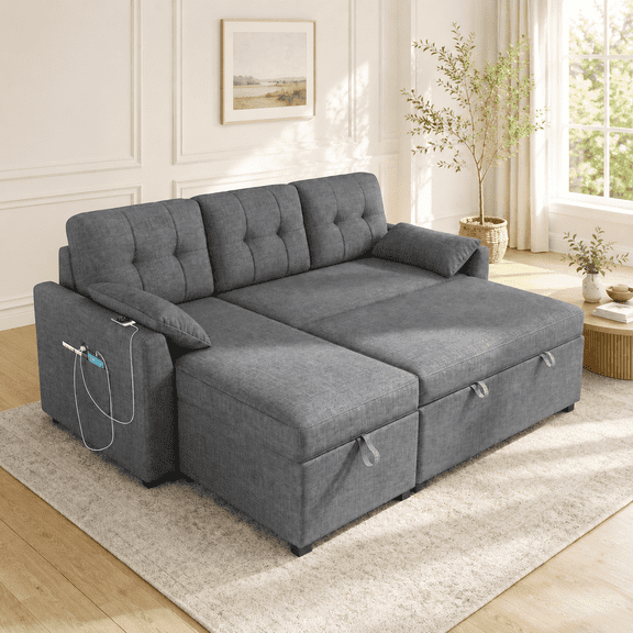 VANACC Sectional Sofa with Storage and USB Charging Port,Reversible Pull Out Couch for Living Room,Gray