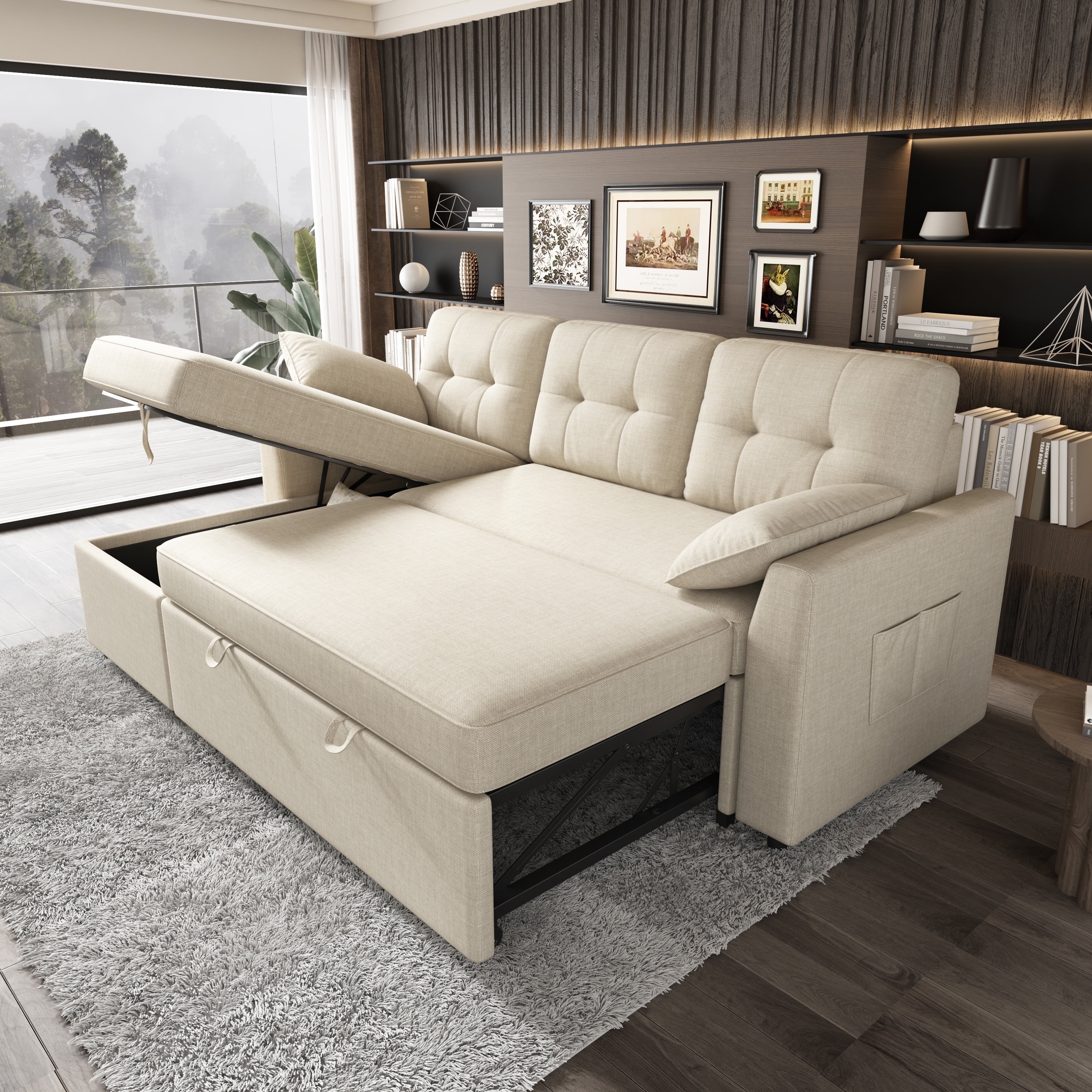 VANACC Sectional Sofa with Storage and Soft Seat ,Reversible Pull Out Couch for Living Room,Beige