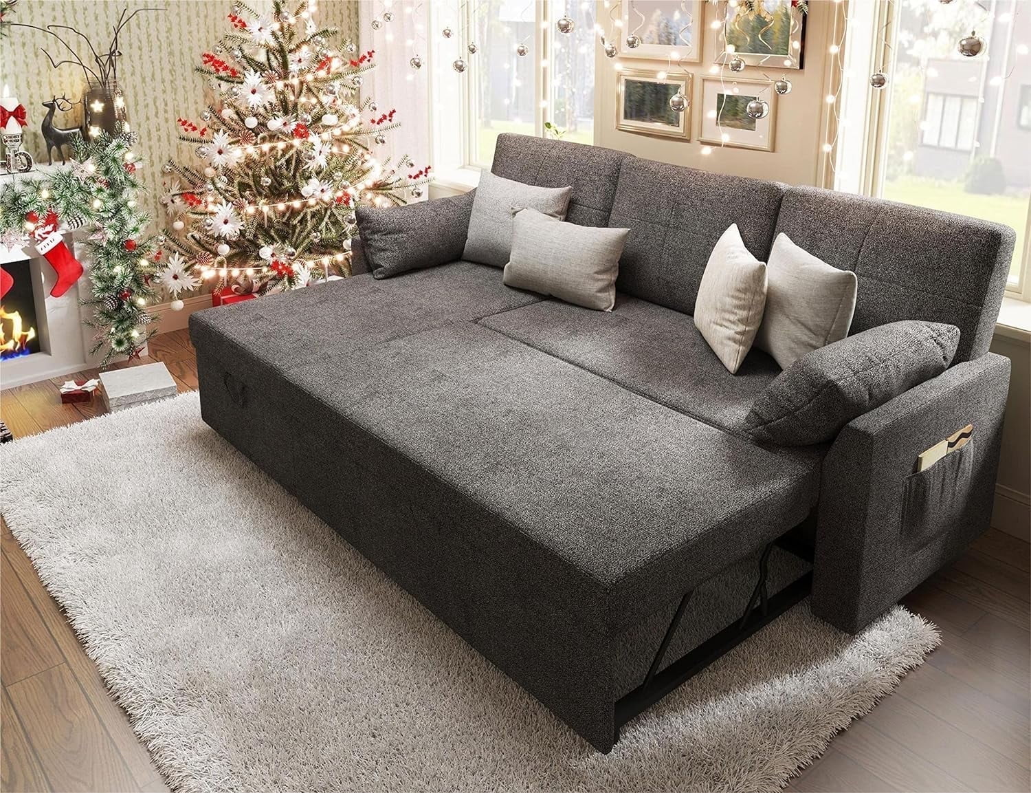 VANACC Sleeper Sofa Bed 2 in 1 Pull Out with Storage Chaise for Living Room, , Grey Chenille Couch