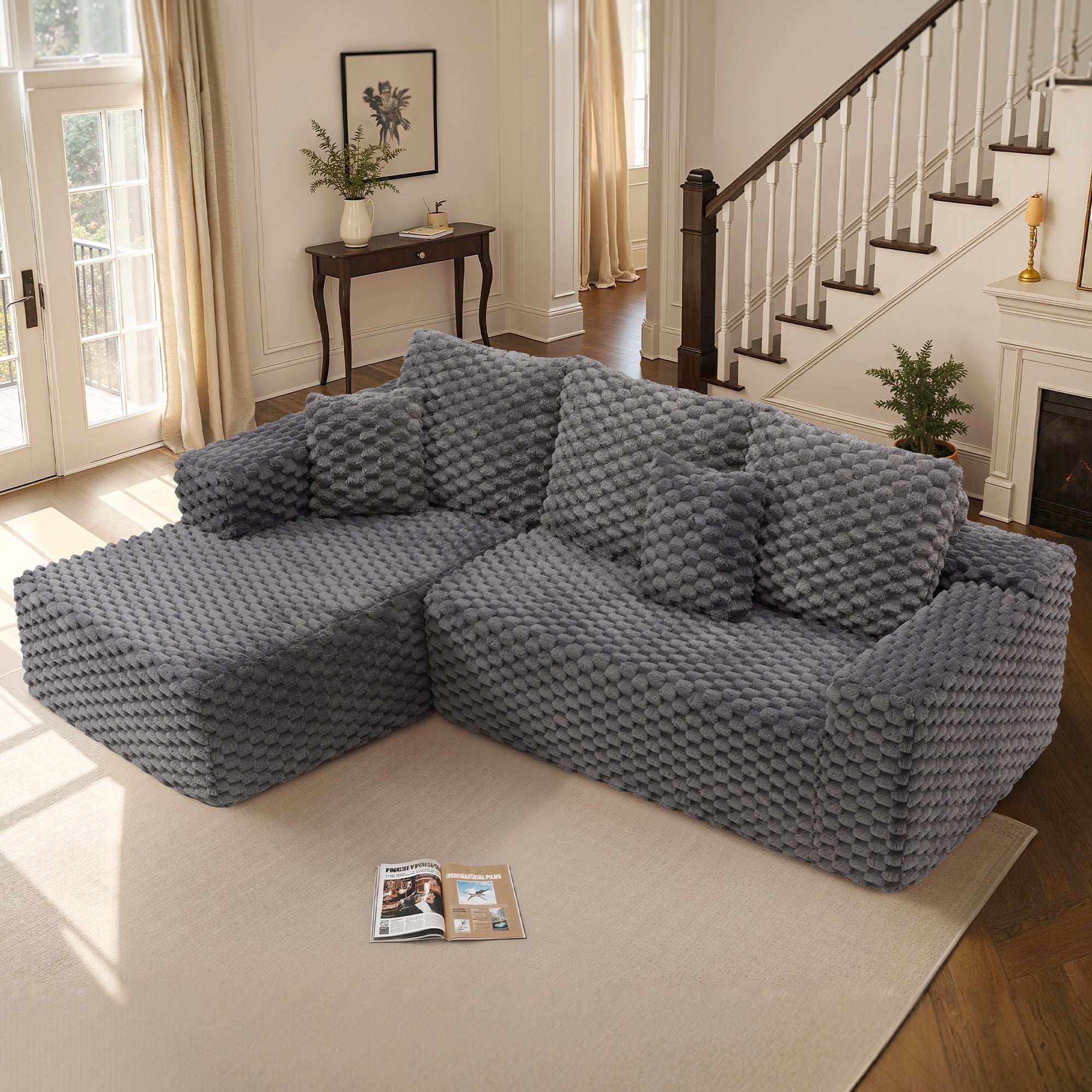 VANACC 106" Sectional Sofa, Morden Deep Seat Oversized Couch with Plush Pillows, Pet-Friendly Upholstery, No Assembly Required, Grey