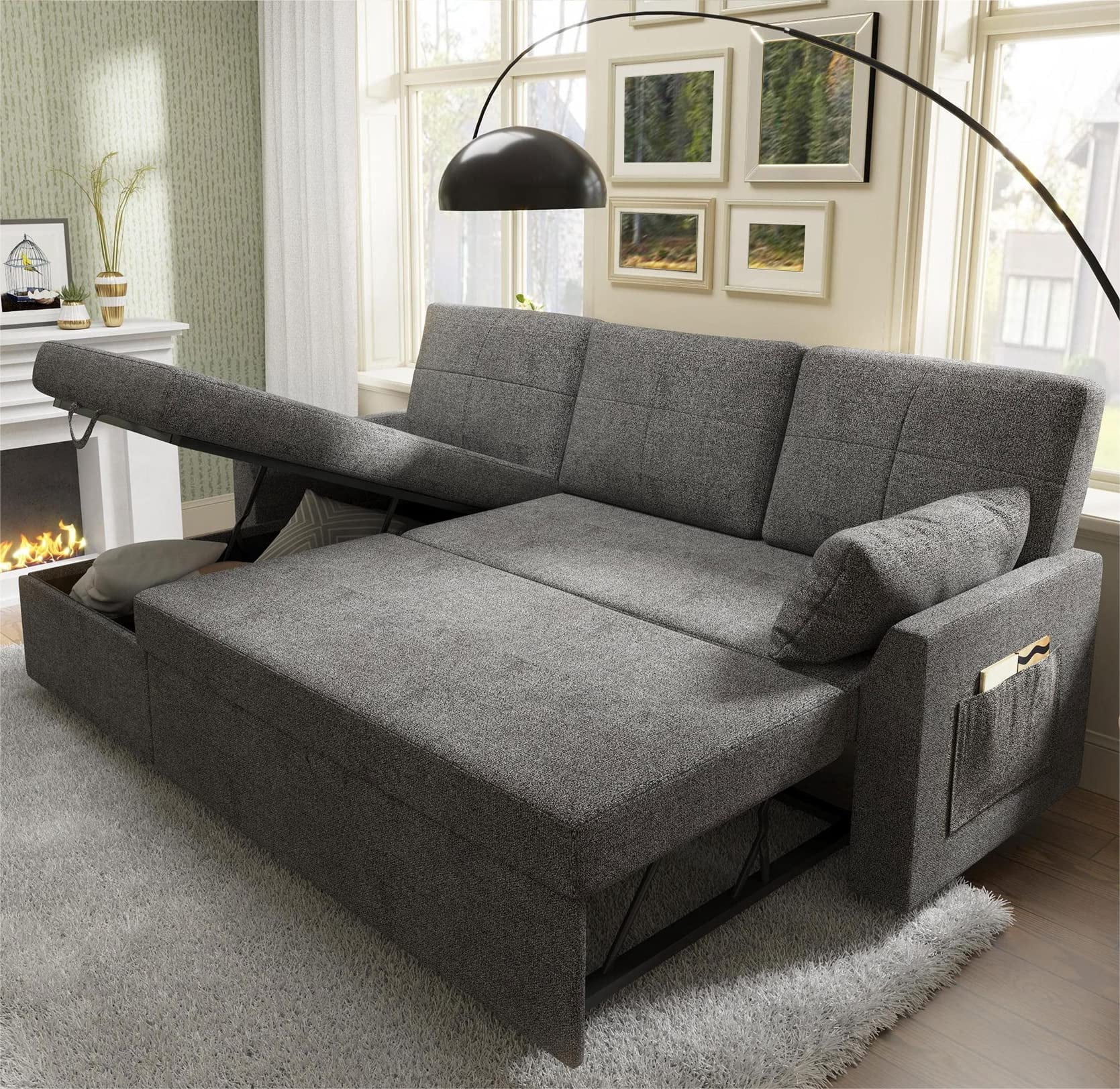 VANACC Sleeper Sofa with Storage Chaise-2 in 1 Pull Out Couch Bed for Living Room, Sectional Couch,Gray