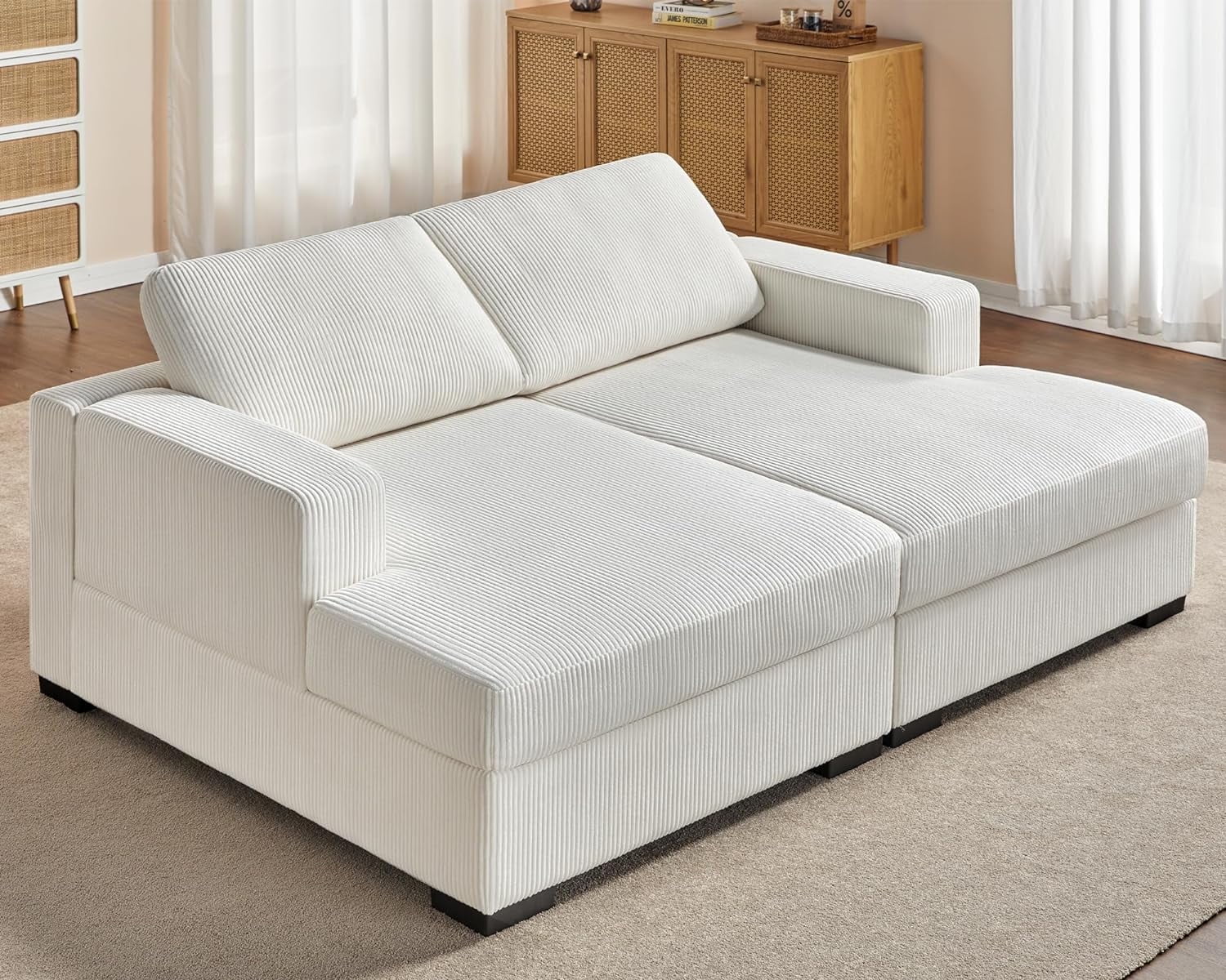 VANACC Sofa, 2-Piece Double Chaise Sofa, Oversized Couch in White Corduroy, 80in x 56in x 34in