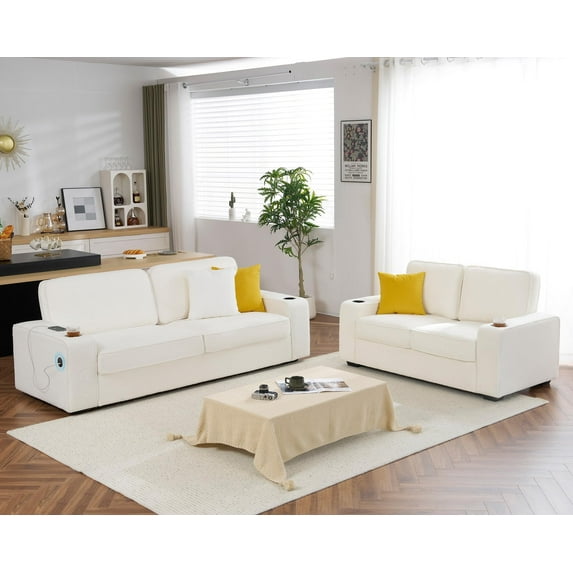 VANACC Sofa, 2 Piece Set, 3 Seater Sofa and Loveseat with Cup Holders & USB Charging Ports, Modern Couches for Living Room(Offwhite Bouclé)