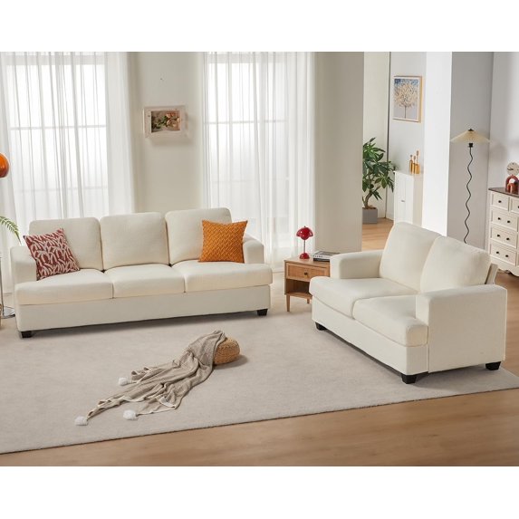 VANACC Sofa, 2 Piece Set Comfy Couch with Deep Seats, Modern Sofa for Living Room, Offwhite Bouclé
