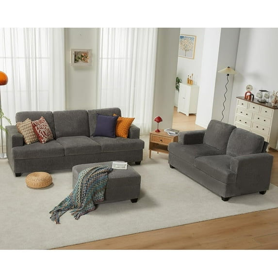 VANACC Sofa, 2 Piece Set Comfy Couch with Ottoman, Modern Sofa for Living Room, Grey Chenille