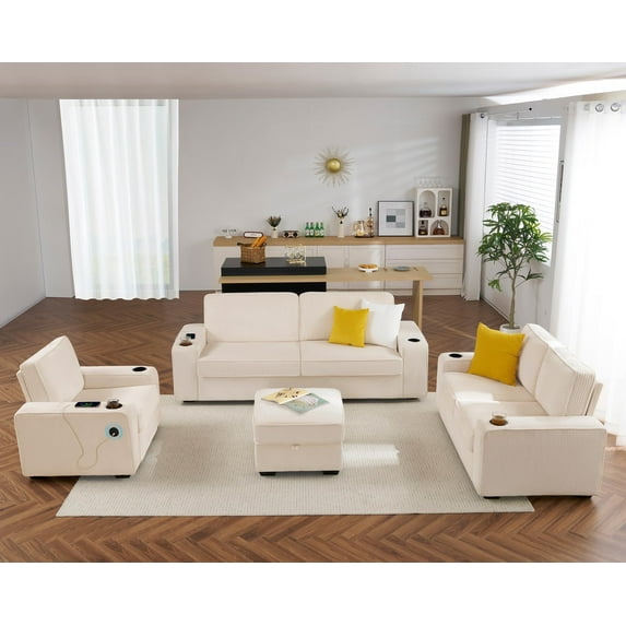 VANACC Sofa, 3 Piece Set with Storage Ottoman, Deep Seat Couches- Comfy Sofas with Cup Holders & USB Charging Ports, Modern Couches for Living Room(Beige Corduroy)