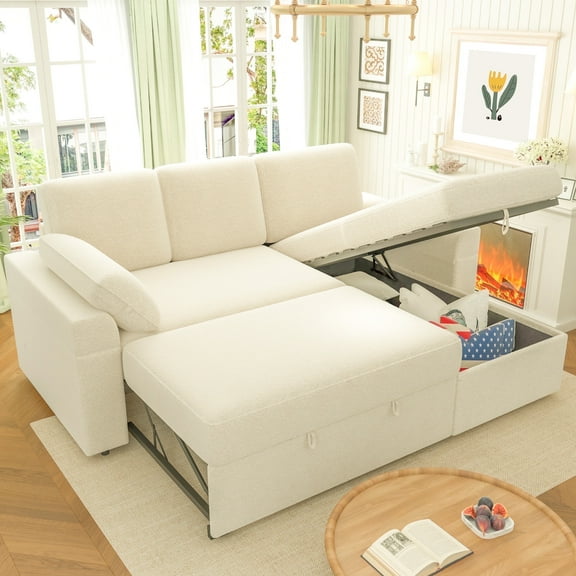 VANACC Sleeper Sofa Bed with Foldable Armrests,Storage Chaise & 5" Cushions,Beige