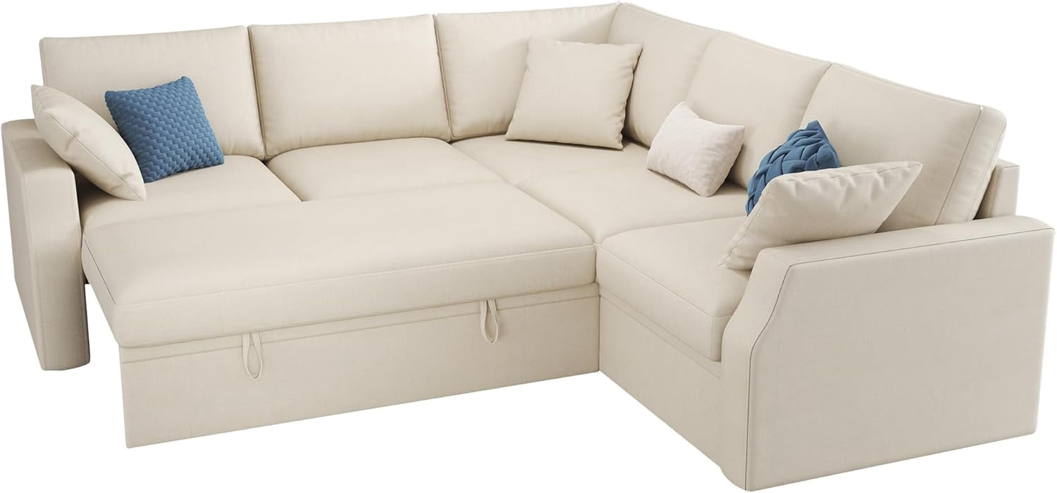 VANACC Sofa Bed, 85 Inch Sleeper Sofa with Pull Out Sofa Bed, L Shaped Couch with Storage Seat, Sectional Couches for Living Room Apartment, Beige Linen Sofa Couch