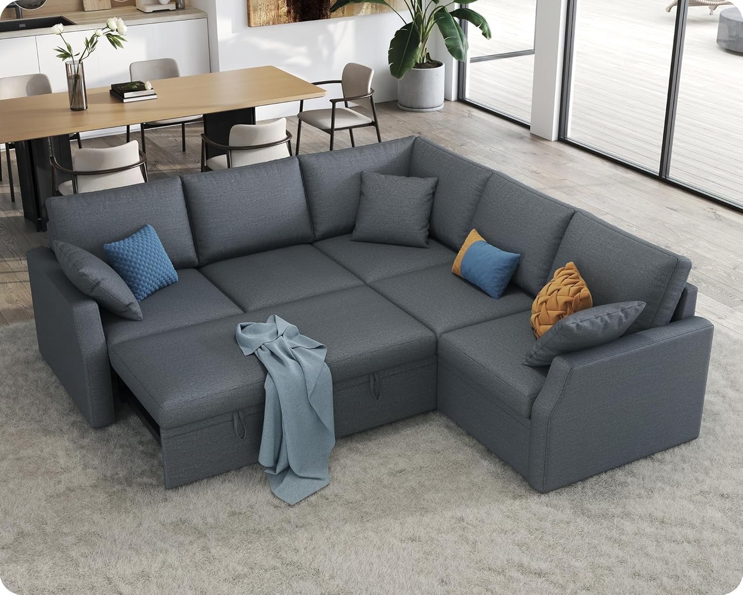 VANACC 85" L Shaped Sleeper Sofa Bed with Pull Out Bed and Storage Seat, Grey Linen Sectional Couch for Living Room Apartment
