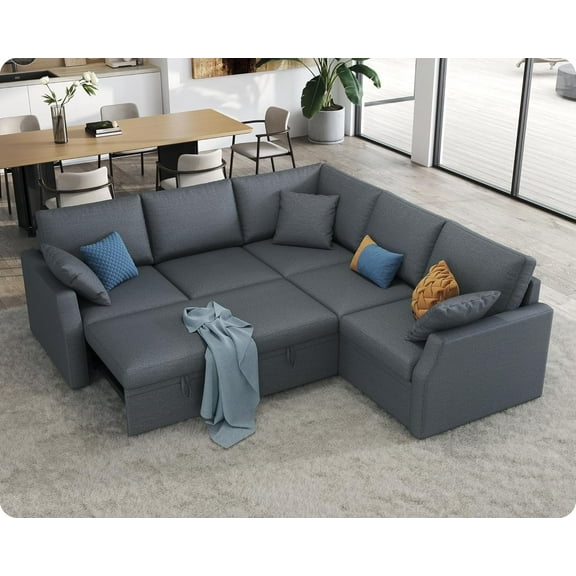 VANACC 85" L Shaped Sleeper Sofa Bed with Pull Out Bed and Storage Seat, Grey Linen Sectional Couch for Living Room Apartment
