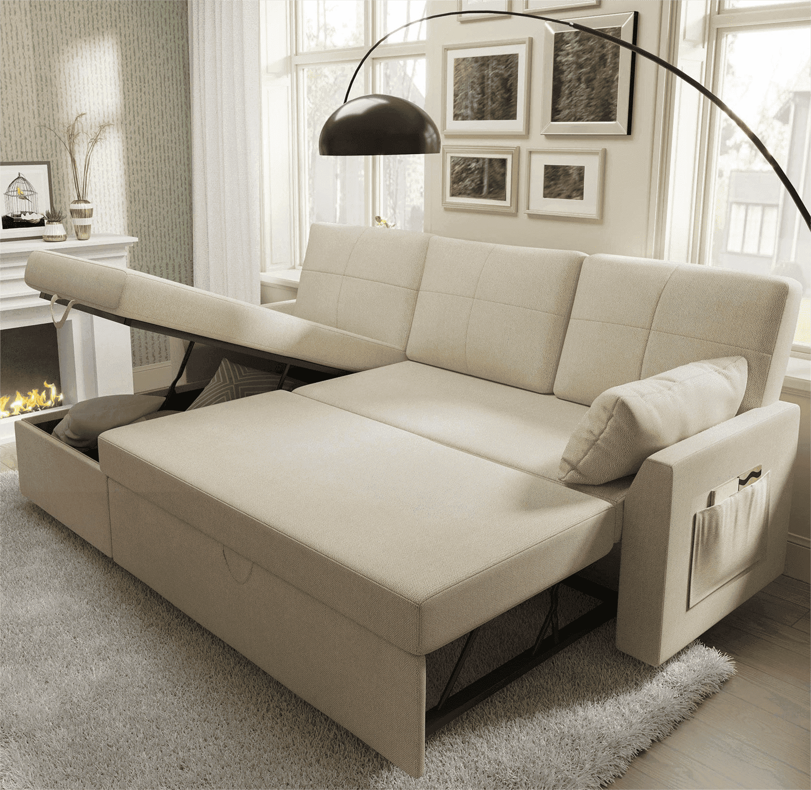 VANACC Beige Chenille Sleeper Sofa Bed, Pull Out Couch with Storage Chaise