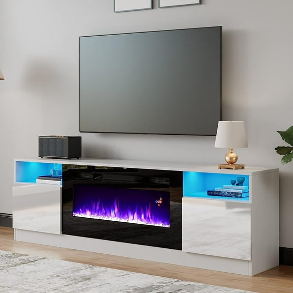 VANACC TV Stand with Fireplace, Entertainment Center with 36" Electric Fireplace, 70" Modern Wood Entertainment Stand for TVs up to 80", White & Black