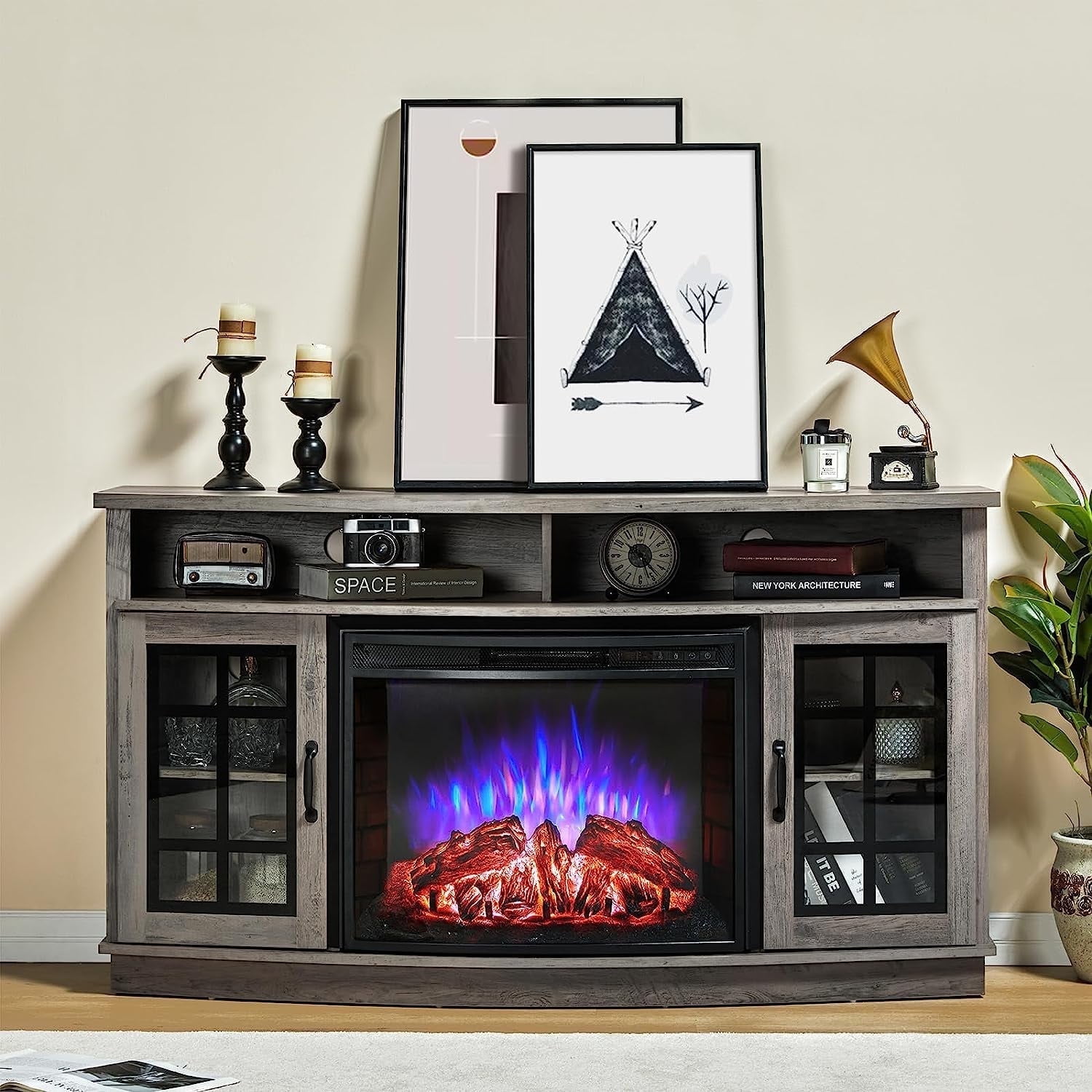 VANACC TV Stand with 26" Fireplace, 63" Entertainment Center with Fireplace', Wash Gray