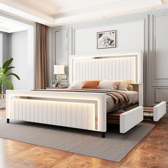 VanAcc Upholstered Platform Queen Size LED Bed Frame with 4 Storage Drawers, Adjustable Headboard with Vertical Channel Design, White