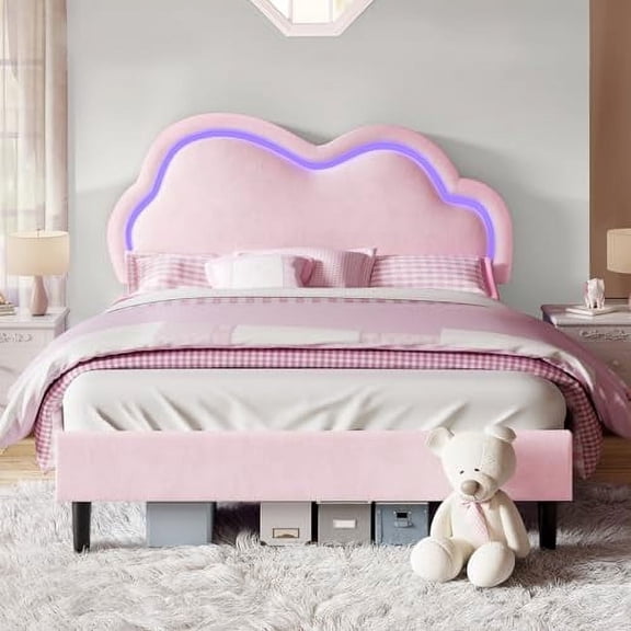 VanAcc Velvet Upholstered Bed Frame with Led Light Headboard Adjustable, No Box Spring Needed, Pink, Queen