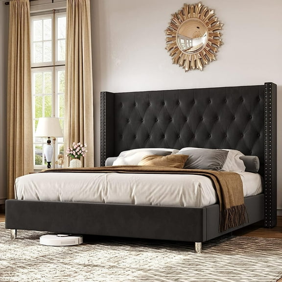 VanAcc Velvet Upholstered Platform Bed Frame with Button Tufted Wingback Headboard, Black, King