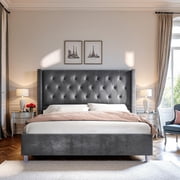 VanAcc Velvet Upholstered Platform Bed Frame with Button Tufted Wingback Headboard,Grey,King